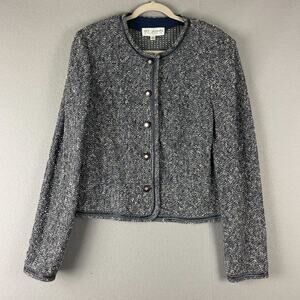 St John Tweed Jacket Sweater Blazer Womens 14 Gray Blue Leather Trim USA Made